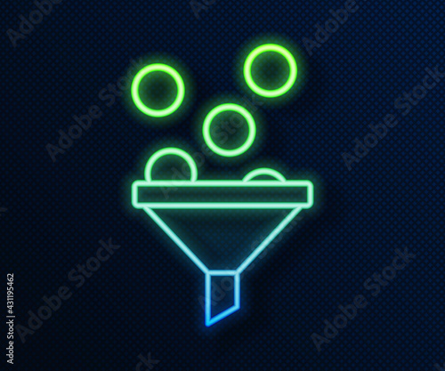 Glowing neon line Lead management icon isolated on blue background. Funnel with money. Target client business concept. Vector