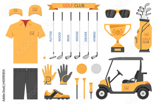 Golf club, golf. Golfer sports equipment. flat style. isolated on white background