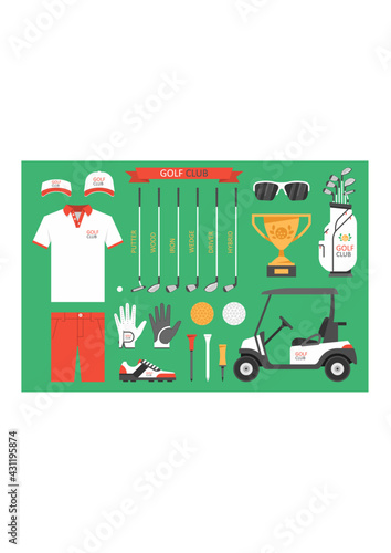 Golf club, golf. Golfer sports equipment. flat style. isolated on green background