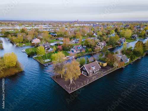 Aerial view of small islands in the Lake Vinkeveense Plassen, near Vinkeveen, Holland. It is a beautiful nature area for recreation in the Netherlands. Vinkeveen is mainly famous for the Vinkeveense photo