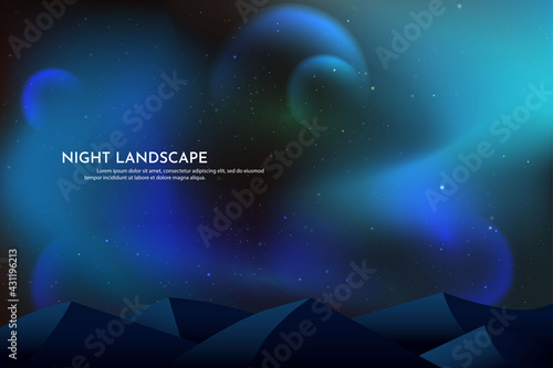 Vector illustration. Natural phenomenon. Blurred wallpaper. Mountains cascade. Night sky scene. Template for website or game. Abstract banner. Dark starry background. Minimalist flat style. Blue color