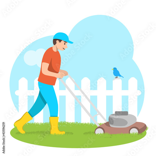 Male gardener with a lawn mower. A man mows the lawn against the background of nature. Colorful vector illustration.