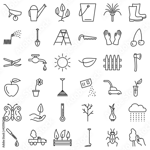 Gardening, agriculture, seeding, work tools, watering plants, caring for trees. Set of vector icons, isolated, Outline, perfect pixel 48x48.