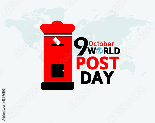 World Post Day. October 9. logo with post box (mail box) icon design and world map background. Vector illustration. 