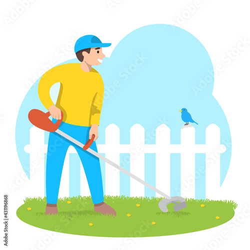 Man with a lawn mower mows the lawn against the background of nature. Maintenance of the garden and yard area. Colorful vector illustration.