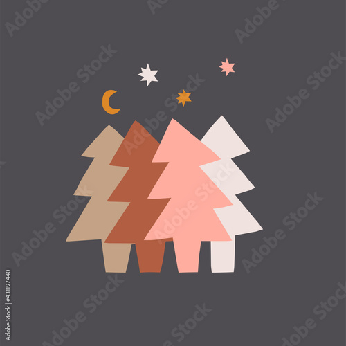 Magical Scandinavian Christmas starry night forest vector illustration. Abstract pine tree star crescent shapes modern abstract poster. Nocturnal geometric graphic design