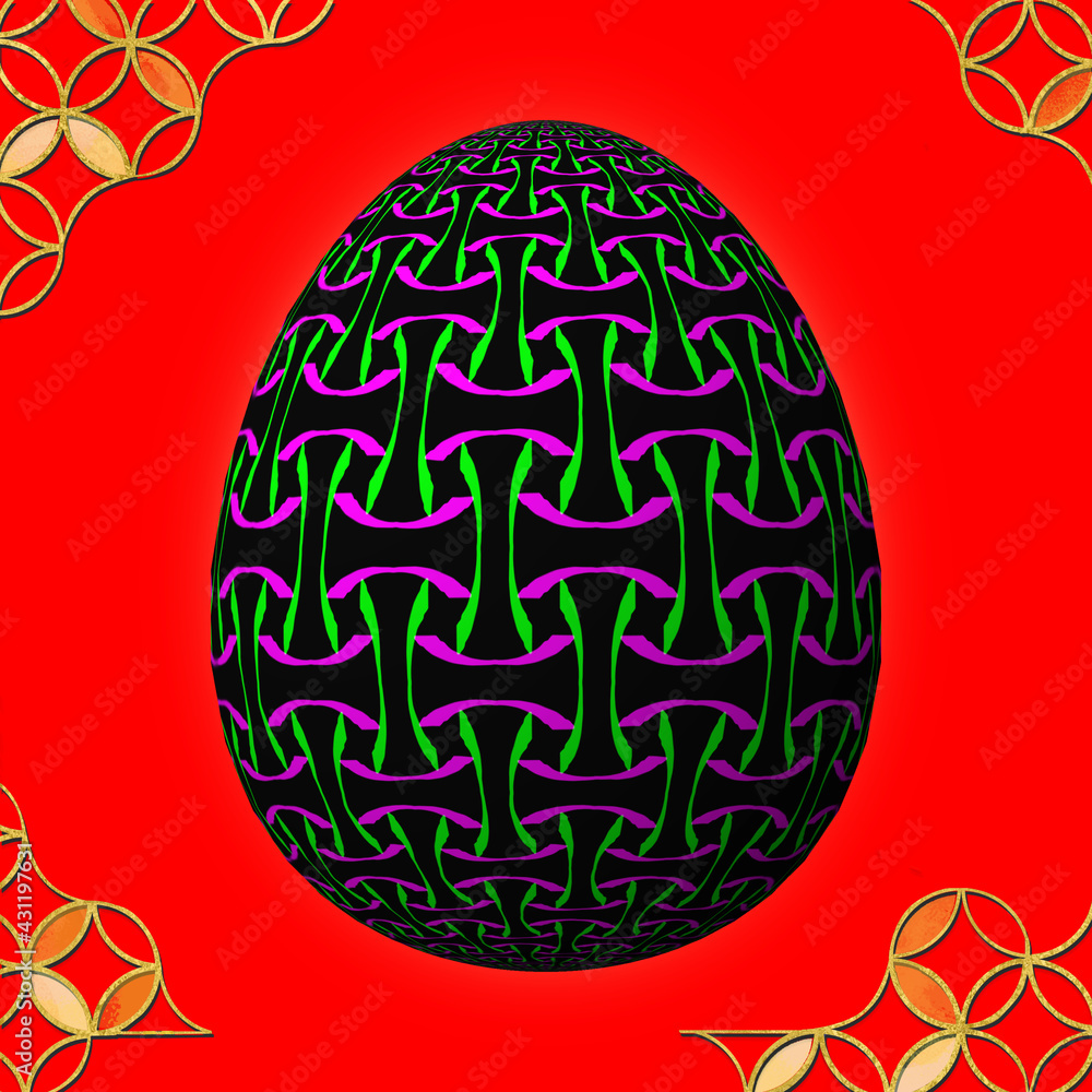 Happy Easter, Artfully designed and colorful 3D easter egg, 3D illustration on red background with frame Happy Easter, Artfully designed and colorful 3D easter egg, 3D illustration on red background with frame