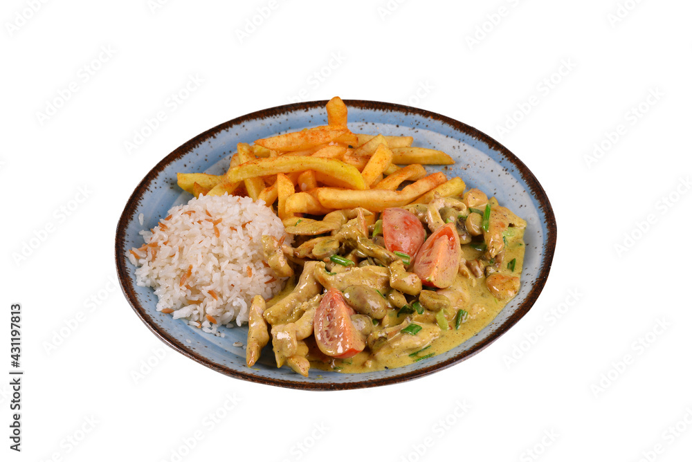 Roasted chicken breast with curry sauce and with rice. White background menu photos. Cafe foods. Roasted chicken breast with curry sauce and with rice. White background menu photos. Cafe foods.