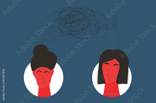Bad relationship. Conflict. Female people with lot of confusing thoughts about each other. Women with bad mood. Vector flat illustration.