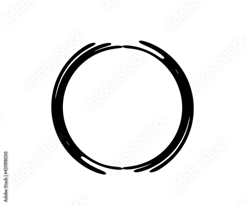 Round grunge frame isolated on white background. Black circle ink border.