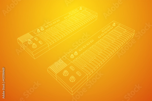 Piano roll analog synthesizer faders buttons knobs. Wireframe low poly mesh vector illustration.