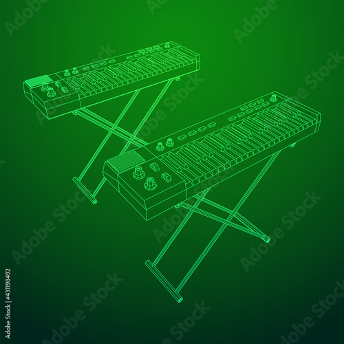 Piano roll analog synthesizer faders buttons knobs. Wireframe low poly mesh vector illustration.