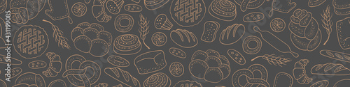Hand drawn bakery seamless pattern. Horizontal border with food doodles. Vector illustration.