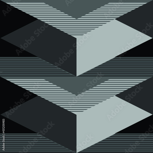 Seamless vector pattern with 3d triangle texture on grey background. Abstract optical wallpaper design. Decorative isometric fashion textile.
