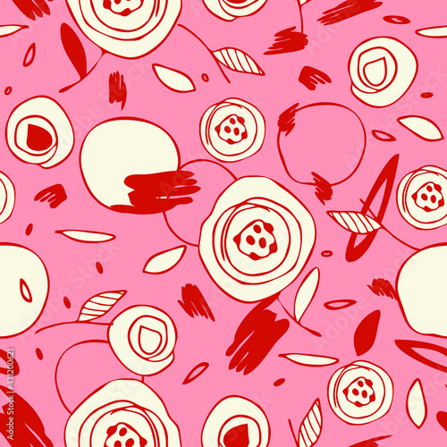 Seamless vector pattern with abstract flower texture on pink background. Simple floral sketch wallpaper design. Romantic modern fashion textile texture.
