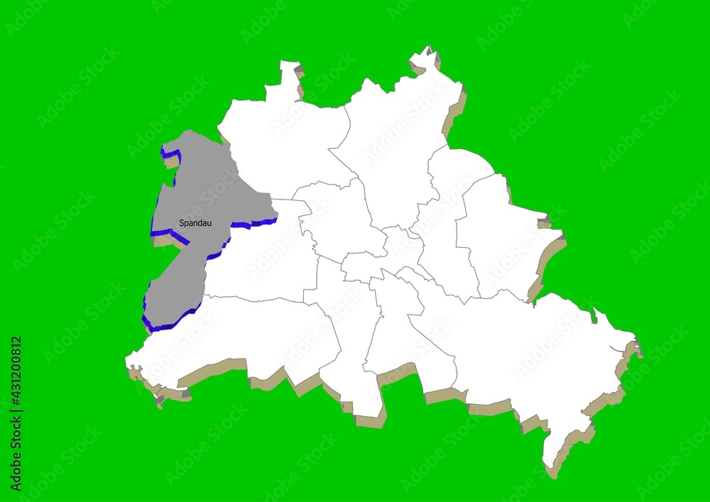 Map of Berlin in white with illustrative silhouette of the Spandau district in gray