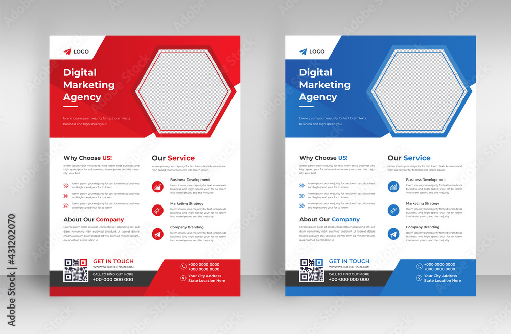Corporate business flyer template design set with blue and red color. marketing, business proposal, promotion, advertise, publication, cover page. digital marketing agency flyer design.