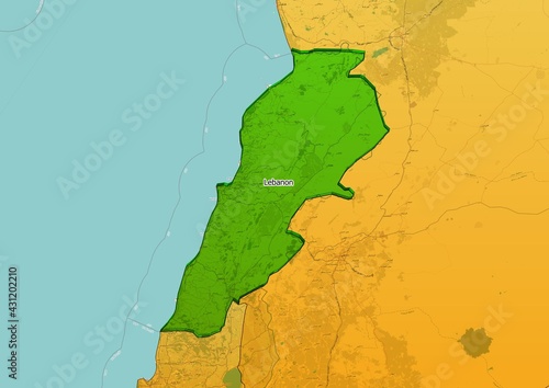 Fototapeta Lebanon map showing country highlighted in green color with rest of Asian countr
