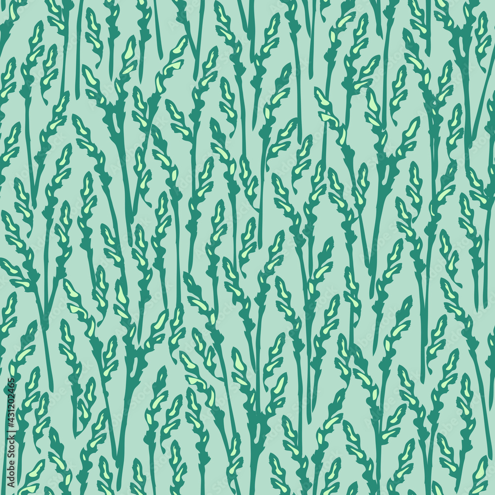 Naklejka premium Seamless vector pattern with grass meadow texture on blue background. Simple summer nature wallpaper design. Decorative rye field fashion textile.