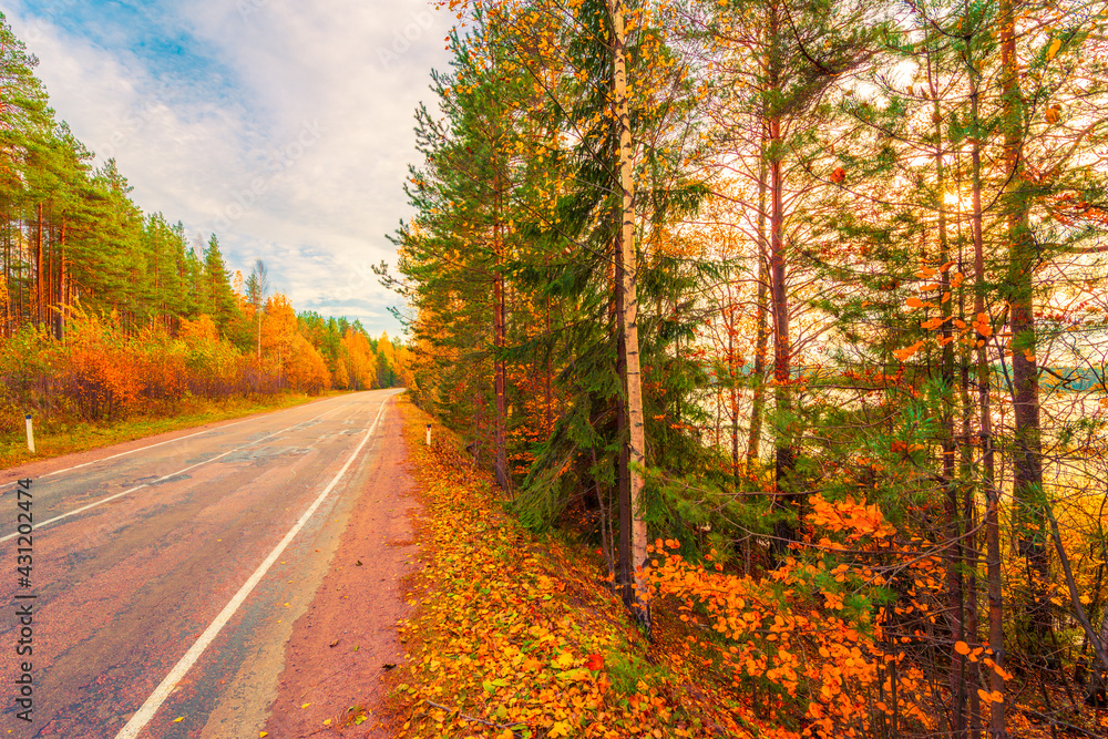 Turn the country broken road. Mixed forest. Sunset over the forest lake. Autumn weather. Beautiful nature. Russia, Europe. View from the side of the road. Turn the country broken road. Mixed forest. Sunset over the forest lake. Autumn weather. Beautiful nature. Russia, Europe. View from the side of the road.