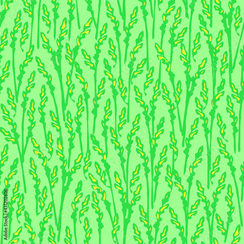 Fototapeta Naklejka Na Ścianę i Meble -  Seamless vector pattern with rye texture on green background. Simple grass meadow wallpaper design. Decorative lush fashion textile.