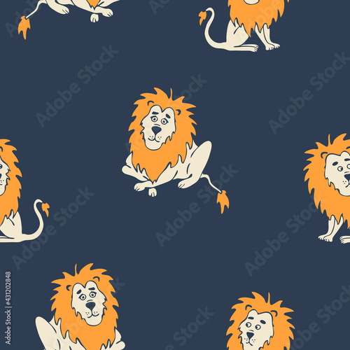 Seamless vector pattern with hand drawn lion on blue background. Simple animal wallpaper design for children. Cute safari fashion textile. © Randmaart