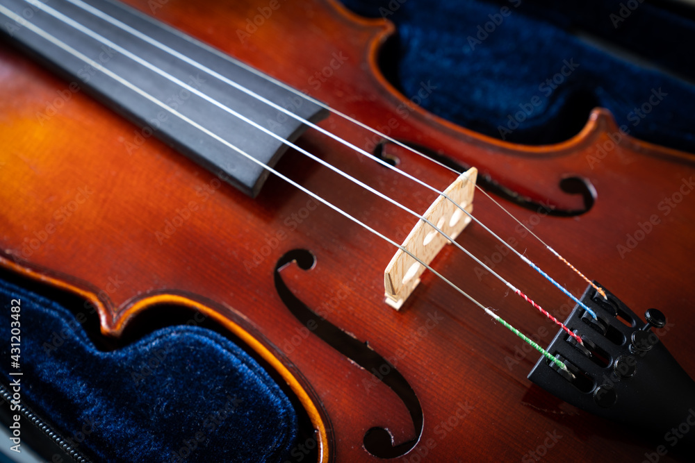 A close up of a syphony violin set against a black background A close up of a syphony violin set against a black background