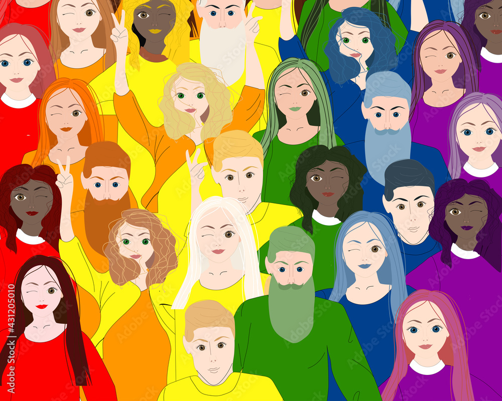 Background for LGBTQIA pride month. Interracial group of people in rainbow clothes. Support for sexual minorities. Background for LGBTQIA pride month. Interracial group of people in rainbow clothes. Support for sexual minorities.