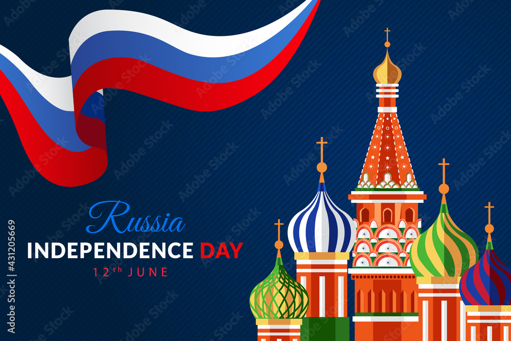 Happy Russia Independence Day Holiday Background with saint basils cathedral & Russian Flag
