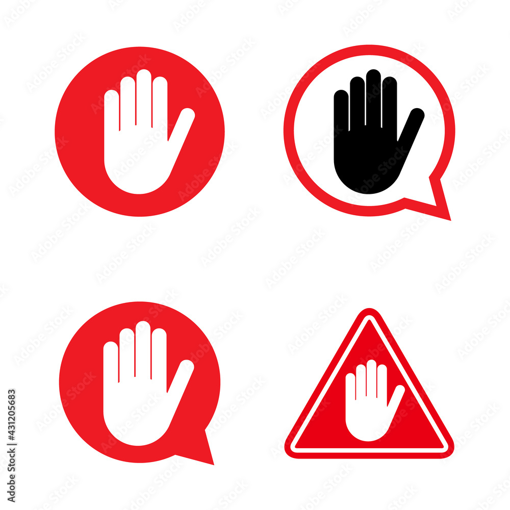 Set of stop icon with alert hand, warning covid symbol, no - danger isolated on white background vector illustration Set of stop icon with alert hand, warning covid symbol, no - danger isolated on white background vector illustration
