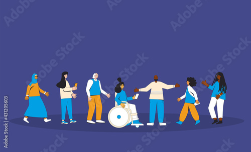 Group of diverse people standing together. Vector illustration.