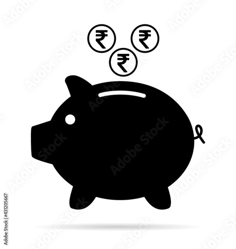Piggy bank flat icon, sign vector with rupee web symbol. Money income, economic graphic button