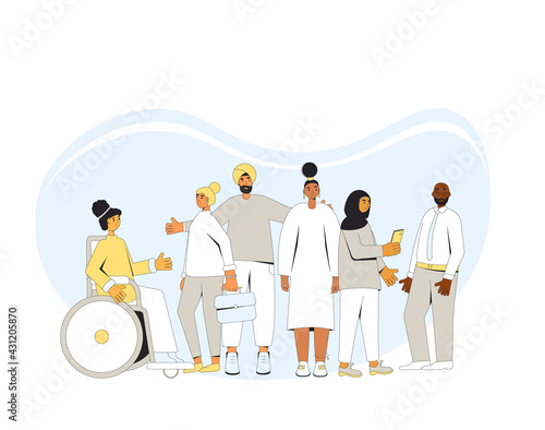 Group of diverse people standing together. Vector illustration.