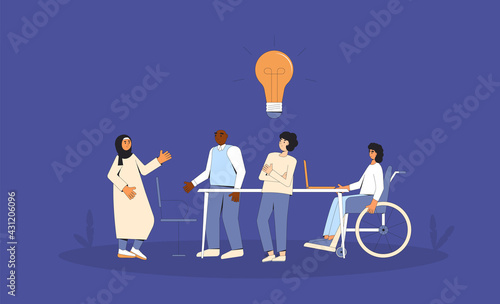 Brainstorming business meeting. Diverse group of professionals working together on a project. Teamwork. Coworkers talking about their startup idea.