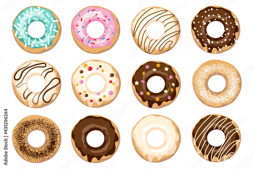 Donuts with icing, sprinkles, black and white chocolate. Set of colorful doughnut . Cartoon style. Donuts with icing, sprinkles, black and white chocolate. Set of colorful doughnut . Cartoon style.