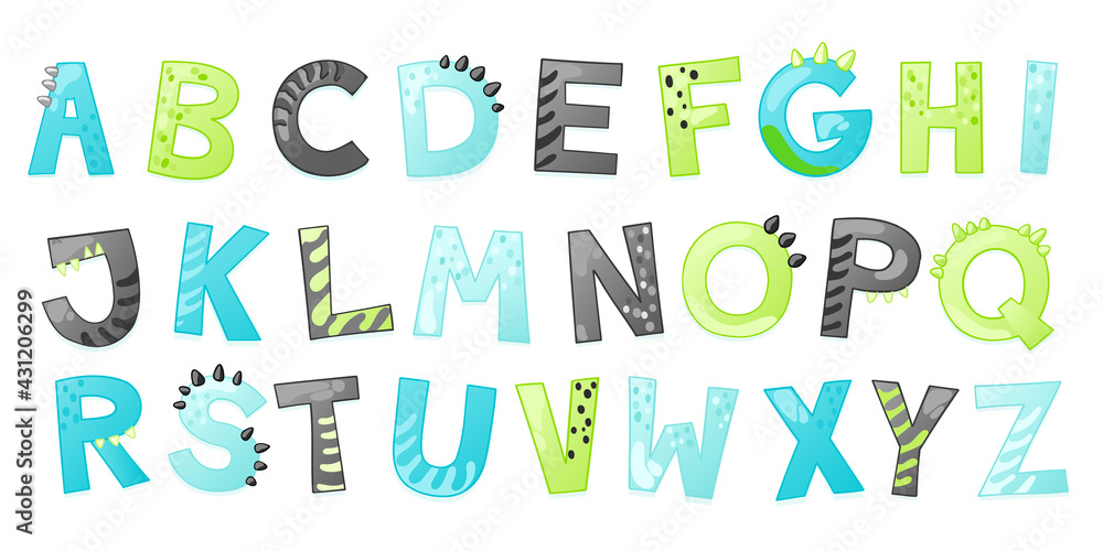 Cartoon cute Dinosaur alphabet. Dino font with letters. Children Vector illustration for t-shirts, cards, posters, birthday party events, paper design, kids and nursery design
