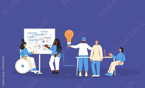 Brainstorming business meeting. Diverse group of professionals working together on a project. Teamwork. Coworkers talking about their startup idea.