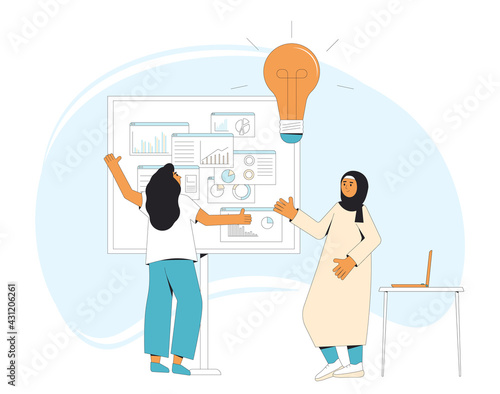 Presentation. Two professionals working together on a project report. Coworkers talking at brainstorming business meeting.