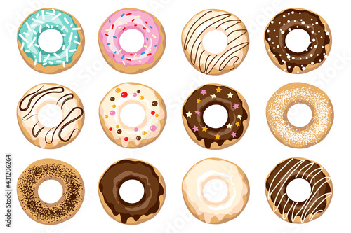 Donuts with icing, sprinkles, black and white chocolate. Set of colorful doughnut . Cartoon style.
