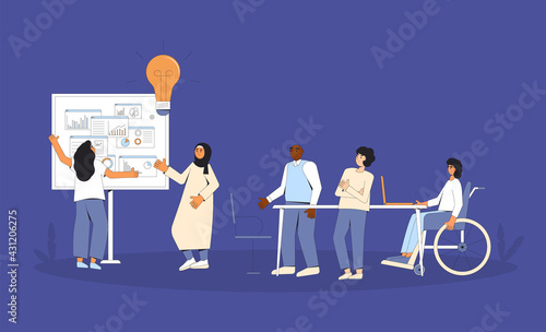 Brainstorming business meeting. Diverse group of professionals working together on a project. Teamwork. Coworkers talking about their startup idea.