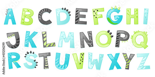 Cartoon cute Dinosaur alphabet. Dino font with letters. Children Vector illustration for t-shirts  cards  posters  birthday party events  paper design  kids and nursery design