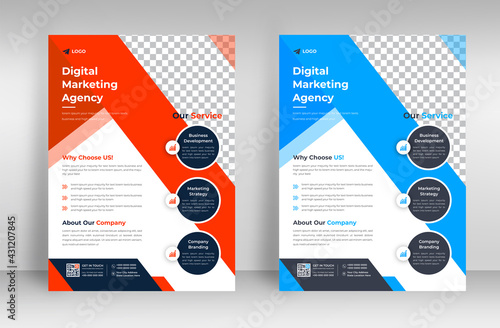 Corporate business flyer template design set with blue and orange color. marketing, business proposal, promotion, advertise, publication, cover page. digital marketing agency flyer design.