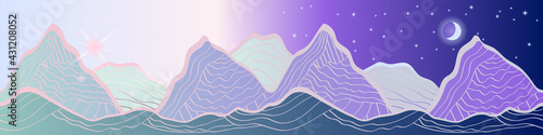 mountain landscape, day and night in one panoramic image, abstract vector pattern
