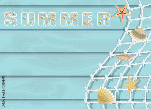 word "summer" made of ropes and shells, illustration with place for text