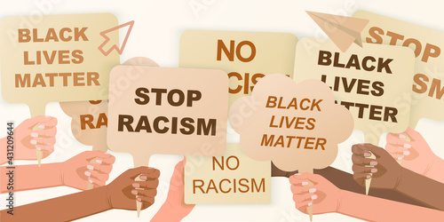 Black lives matter, crowd of people protesting for their rights. Holding posters in hands, no racism banner. Hand holding protest poster. Freedom, protest.Concept revolution and demonstration.
