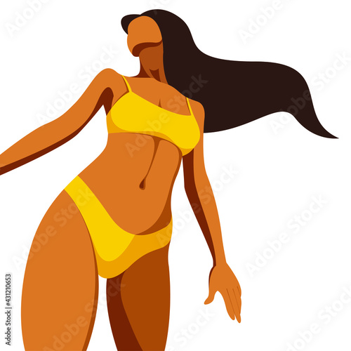 vector illustration on the theme of summer holidays. beautiful young tanned girl is standing on the beach in a yellow swimsuit with developing hair isolated on white background. non-standard angle.