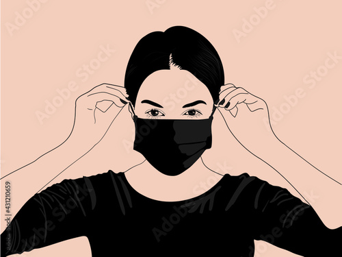 Fictional young girl wearing triple layered mask to avoid covid19 corona virus infection, a cartoon illustration