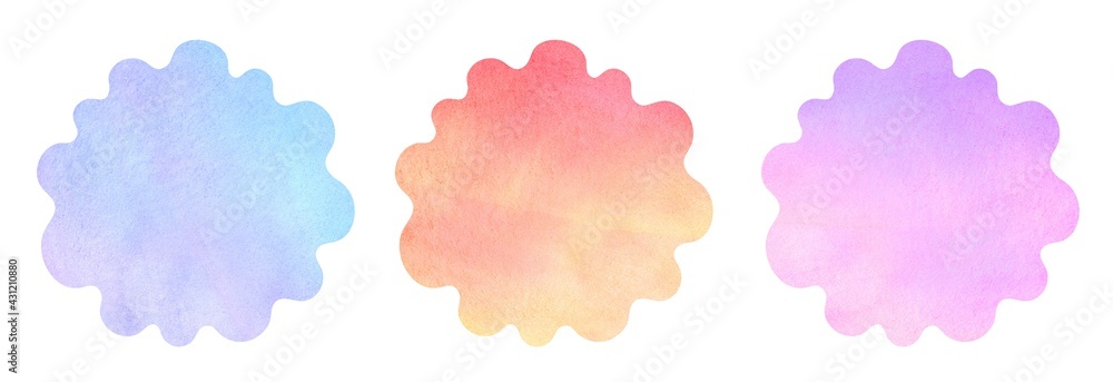 Gradient watercolor round backgrounds, text frames set. Circle liquid, fluid shape with wavy, undulating, curved edge. Colorful painted light blue, lilac, pink watercolour stains aquarelle texture.