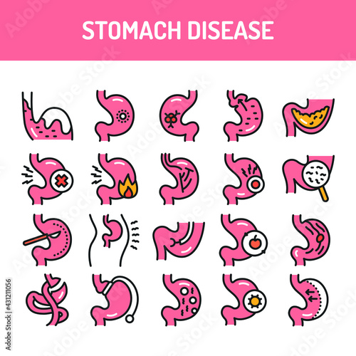 Stomach diseases line icons set.  Isolated vector element. Outline pictograms for web page, mobile app, promo.  