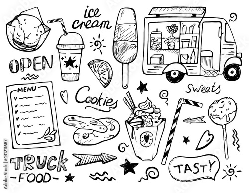 Truck food set. Ice cream, sweets and drinks. Vector background for menu and packaging of cafes and restaurants